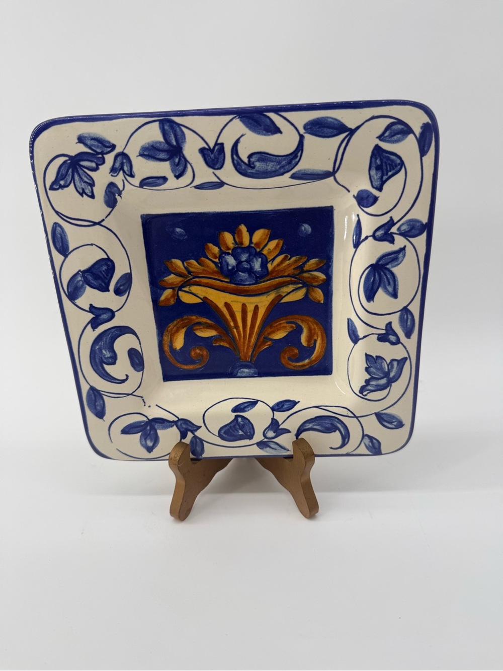 Handcrafted Blue and Gold Floral Ceramic Serving Plate